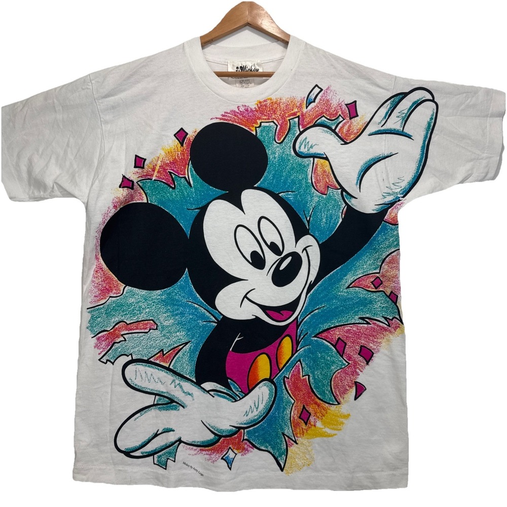 VTG Jerry Leigh Mickey Mouse T-Shirt Mens‎ OSFA White Neon Graphic Single Stitch